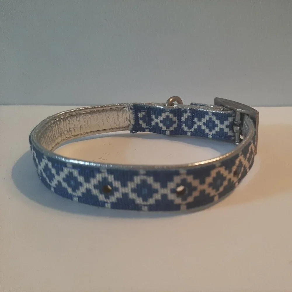 Small Boots and Barkley Dog Collar Blue Silver Geometric Design